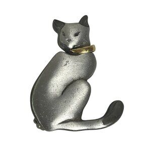 Vintage Mark Sheilds Pewter Cat Brooch Pin Gold-Tone Collar Elegant Signed